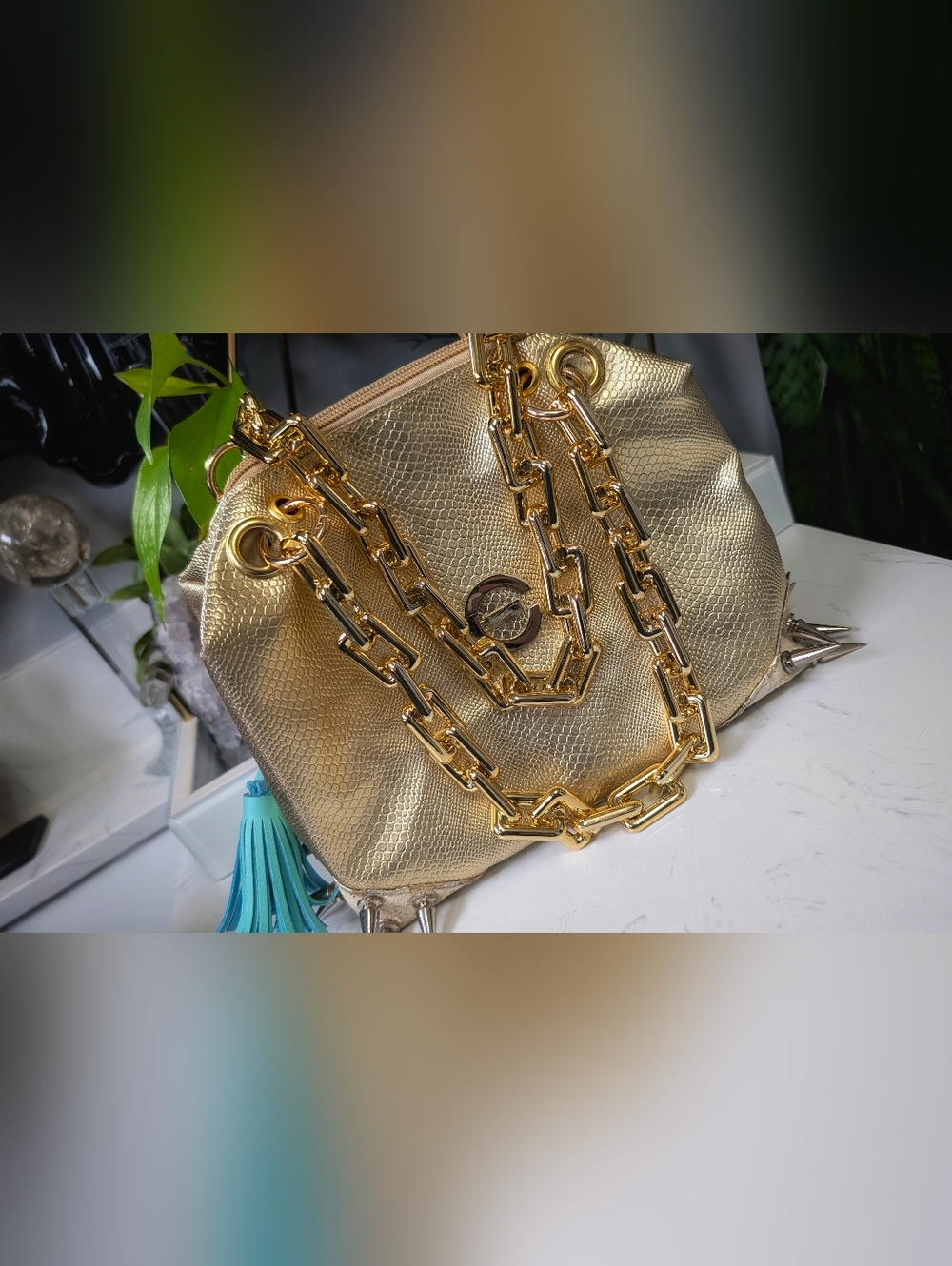 Metallic Gold Chunky Chain Spiked Purse